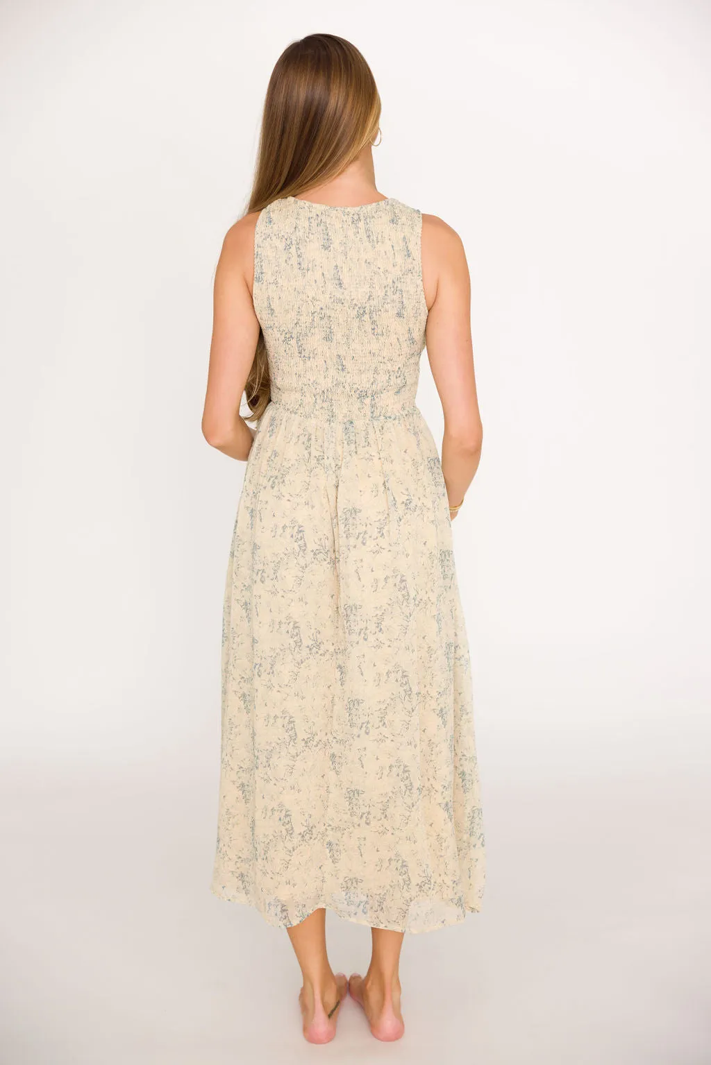 Alaina Floral Print Smocked Midi Dress in Blue Multi