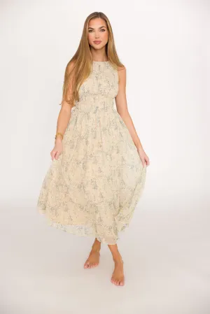 Alaina Floral Print Smocked Midi Dress in Blue Multi