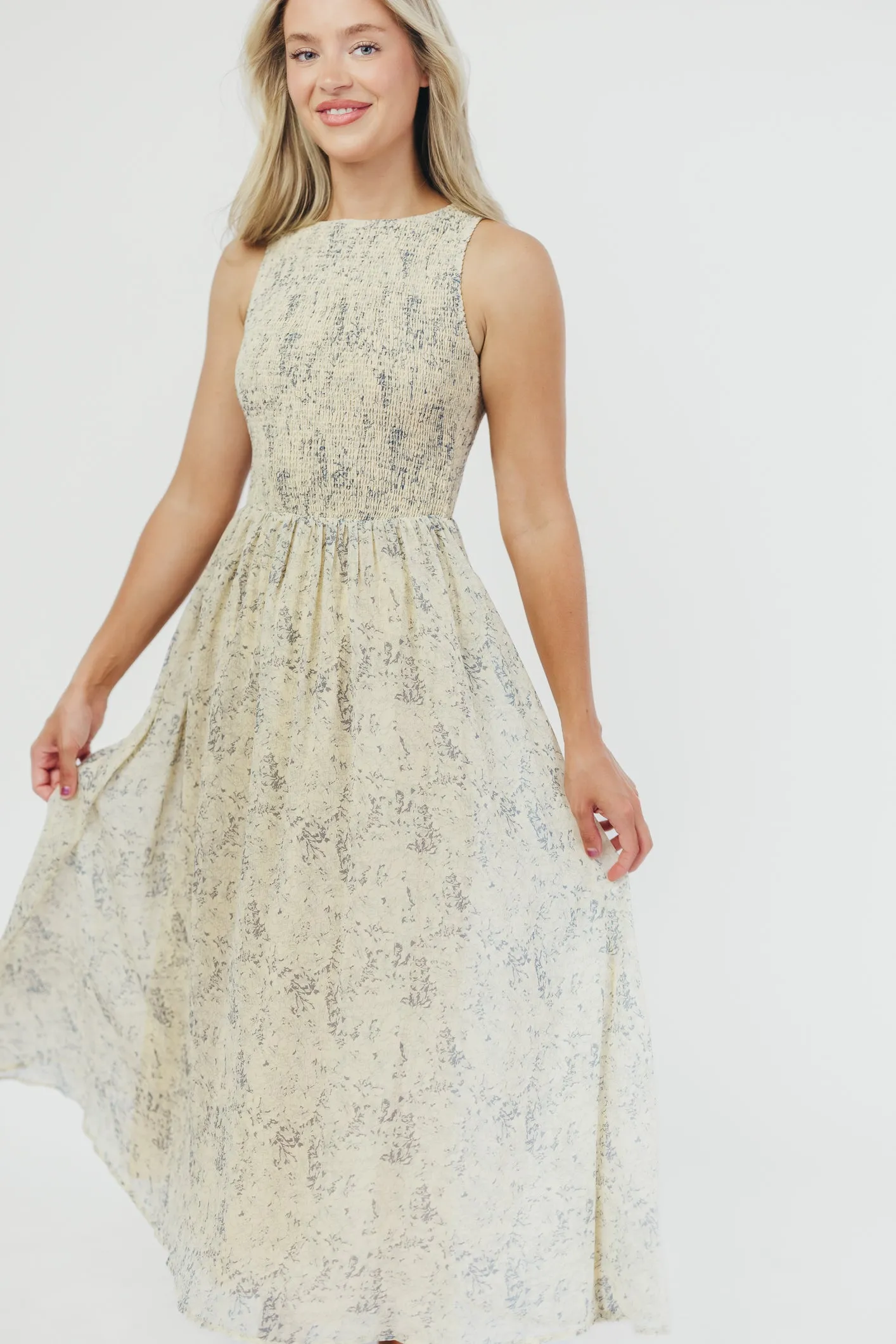 Alaina Floral Print Smocked Midi Dress in Blue Multi