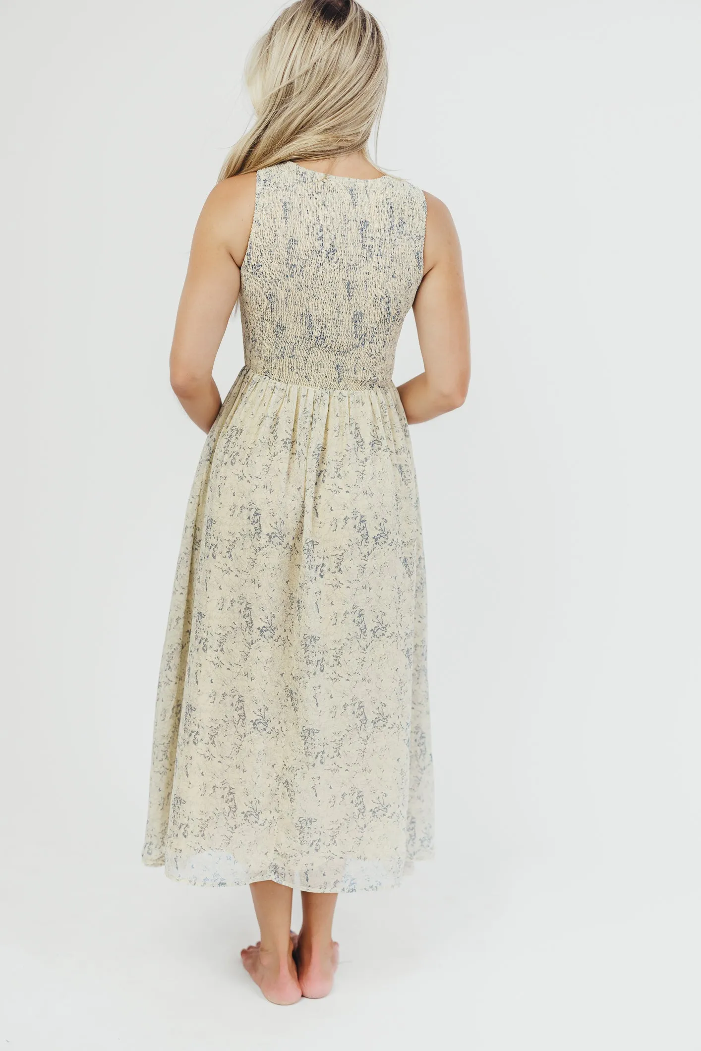 Alaina Floral Print Smocked Midi Dress in Blue Multi