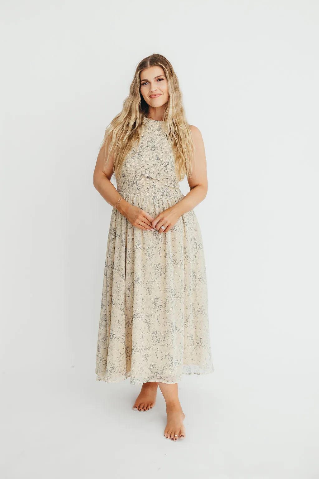 Alaina Floral Print Smocked Midi Dress in Blue Multi
