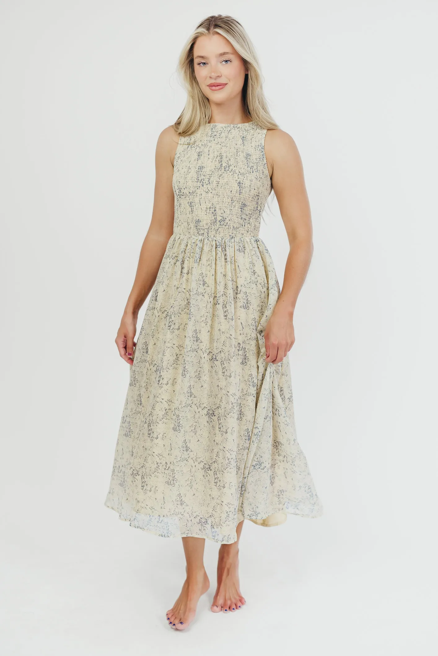 Alaina Floral Print Smocked Midi Dress in Blue Multi