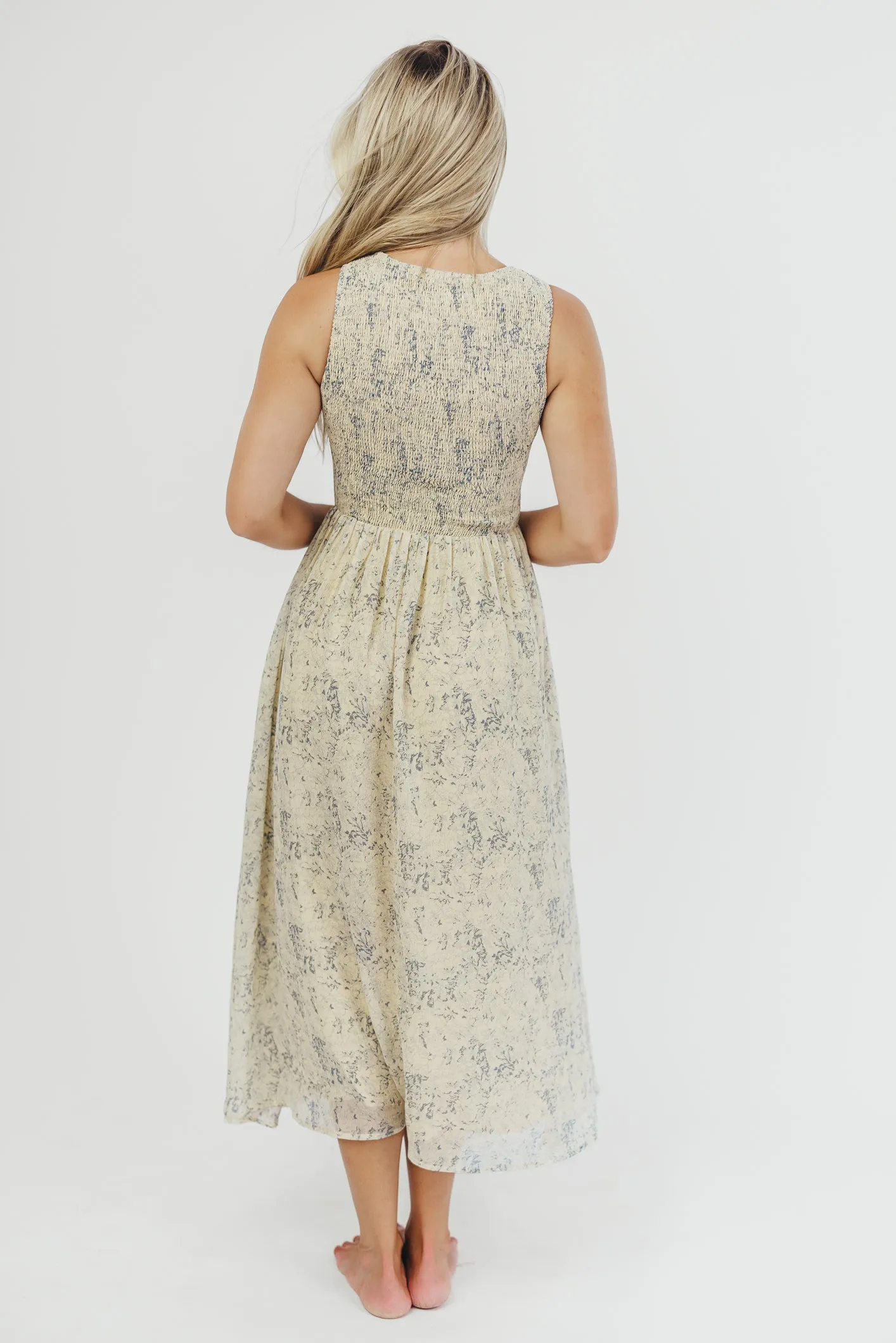 Alaina Floral Print Smocked Midi Dress in Blue Multi