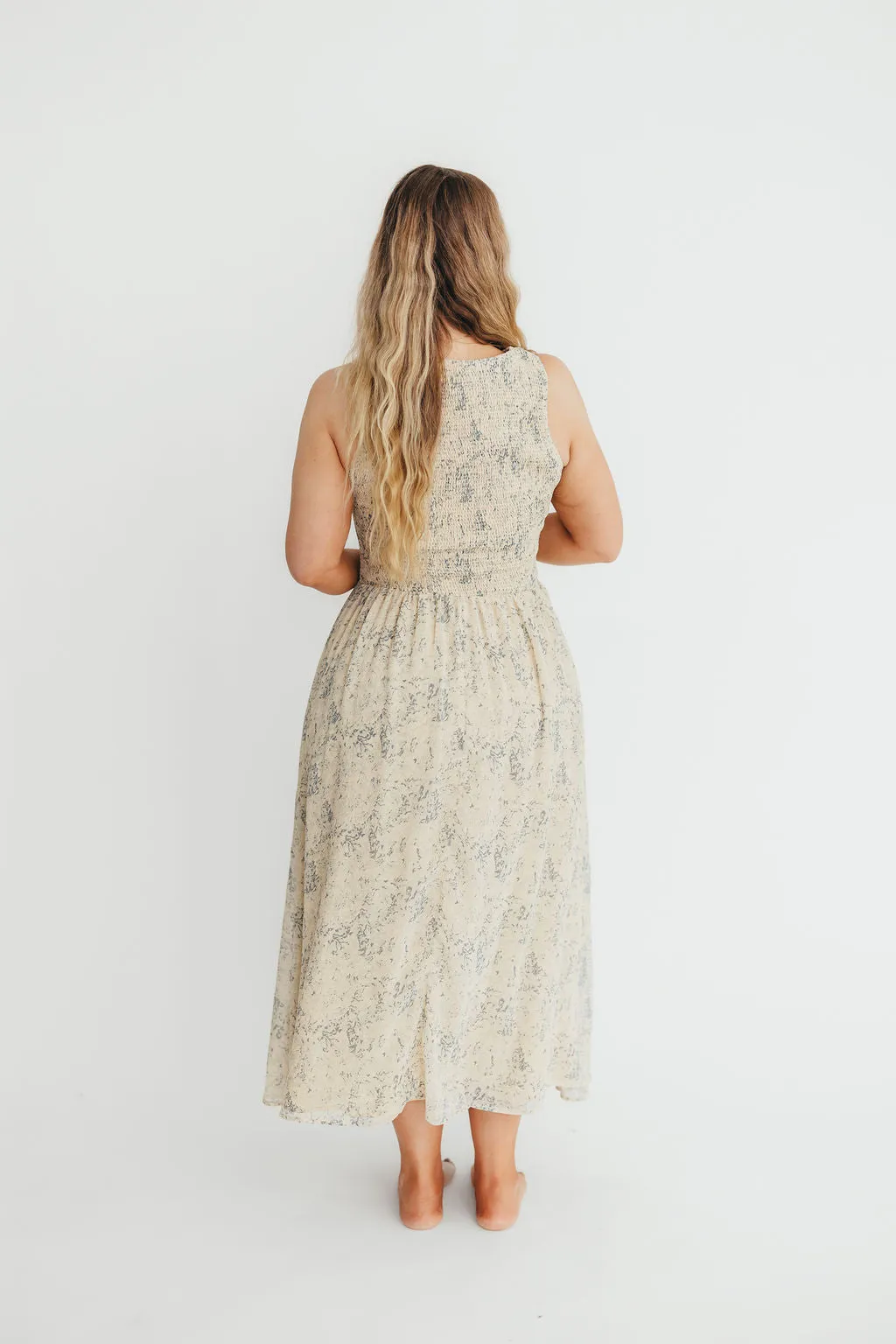 Alaina Floral Print Smocked Midi Dress in Blue Multi