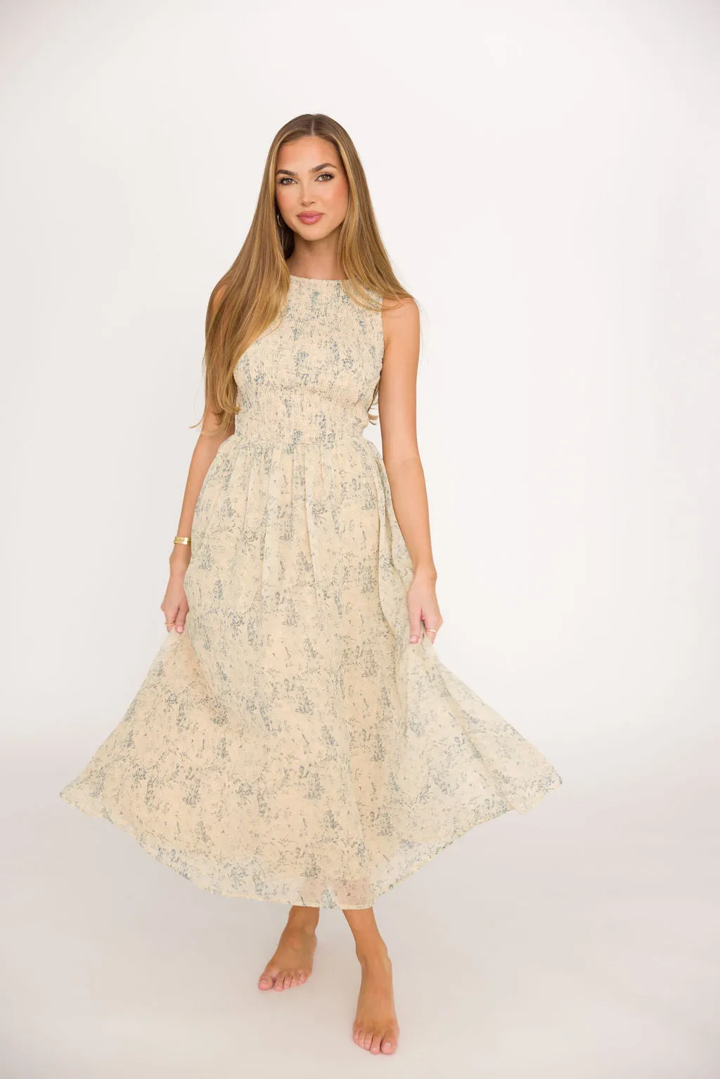Alaina Floral Print Smocked Midi Dress in Blue Multi