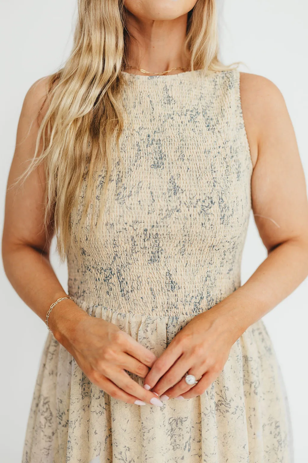 Alaina Floral Print Smocked Midi Dress in Blue Multi