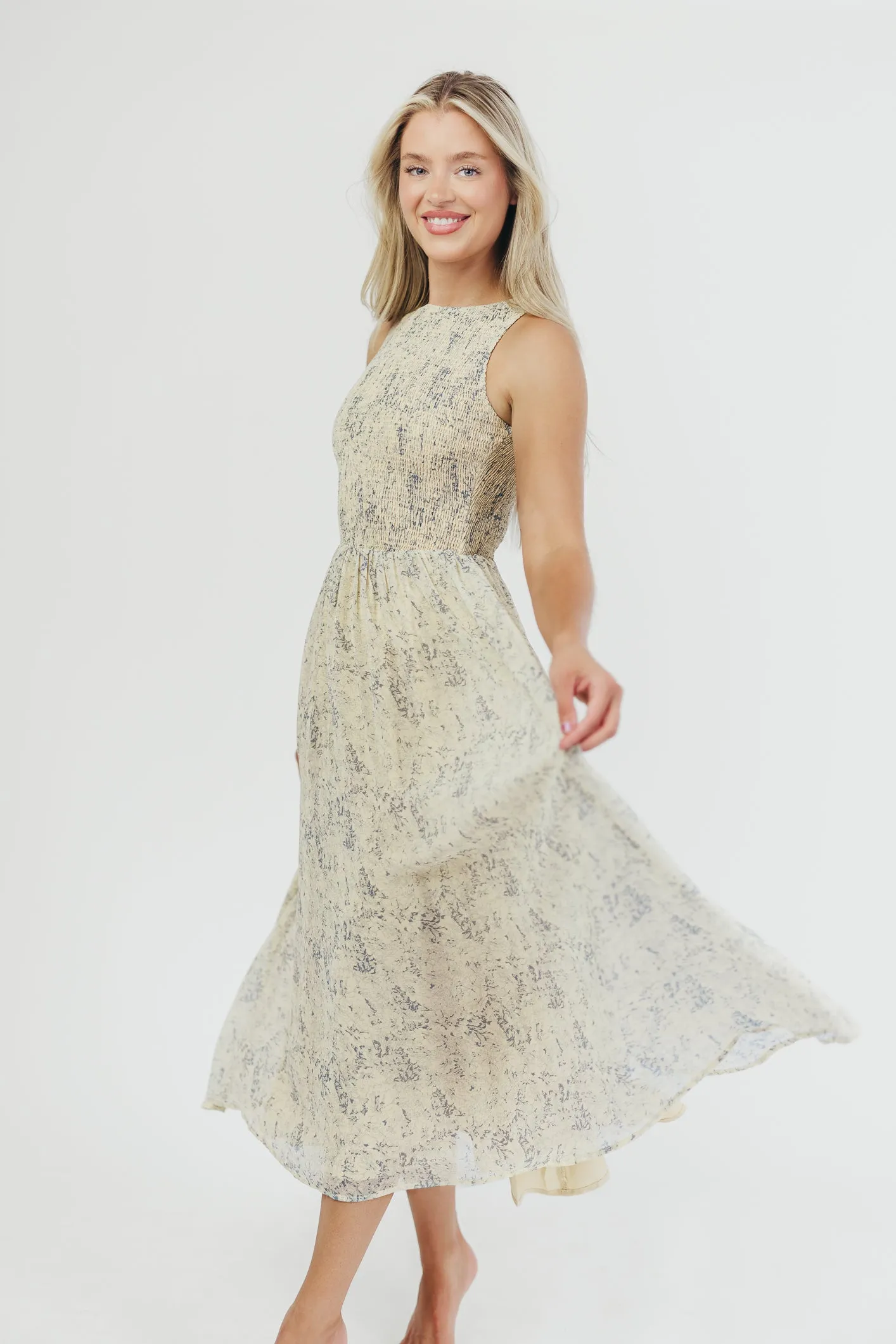Alaina Floral Print Smocked Midi Dress in Blue Multi