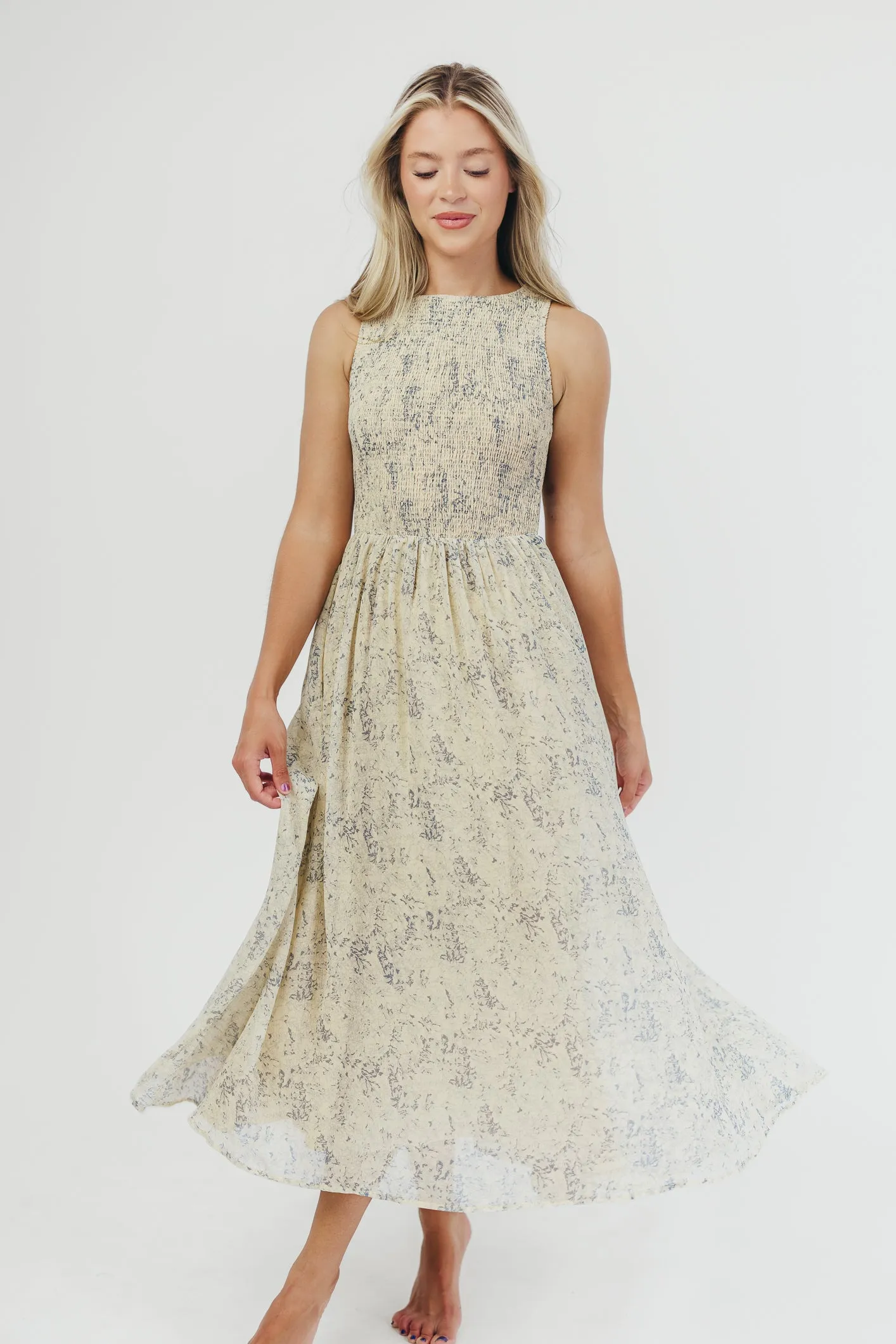 Alaina Floral Print Smocked Midi Dress in Blue Multi