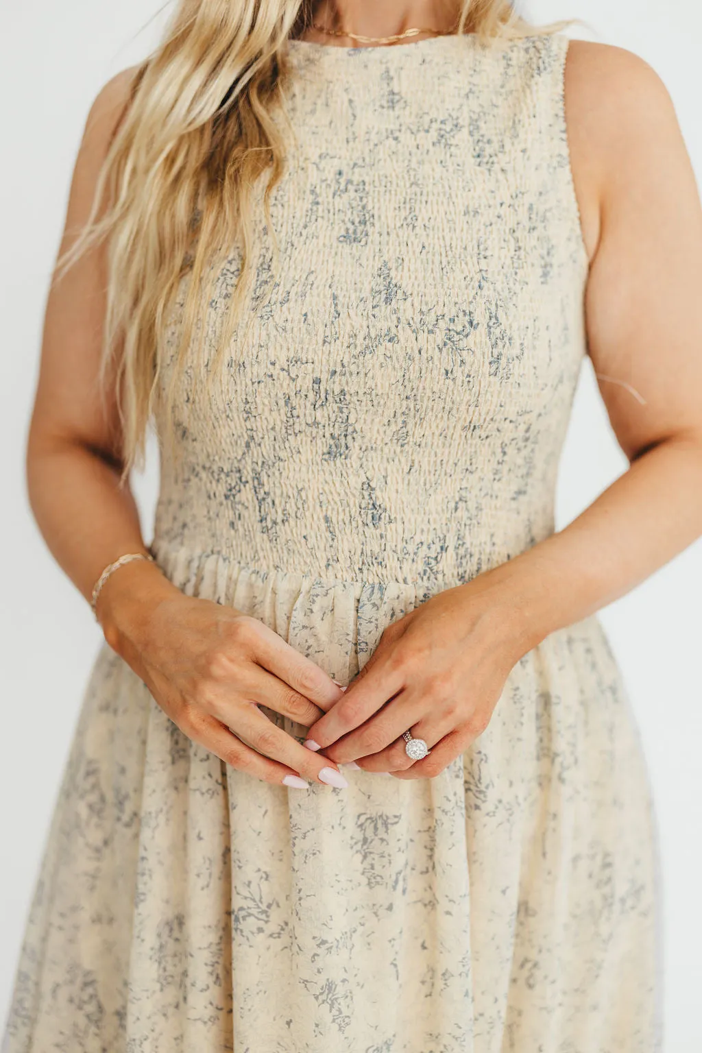 Alaina Floral Print Smocked Midi Dress in Blue Multi