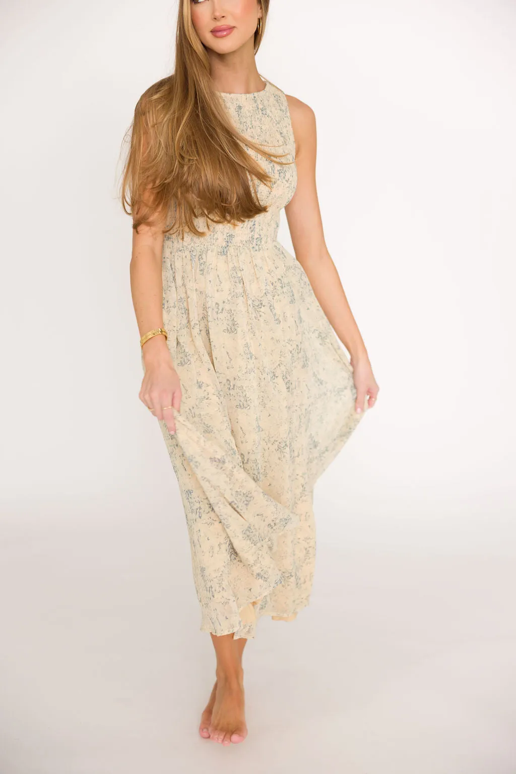 Alaina Floral Print Smocked Midi Dress in Blue Multi