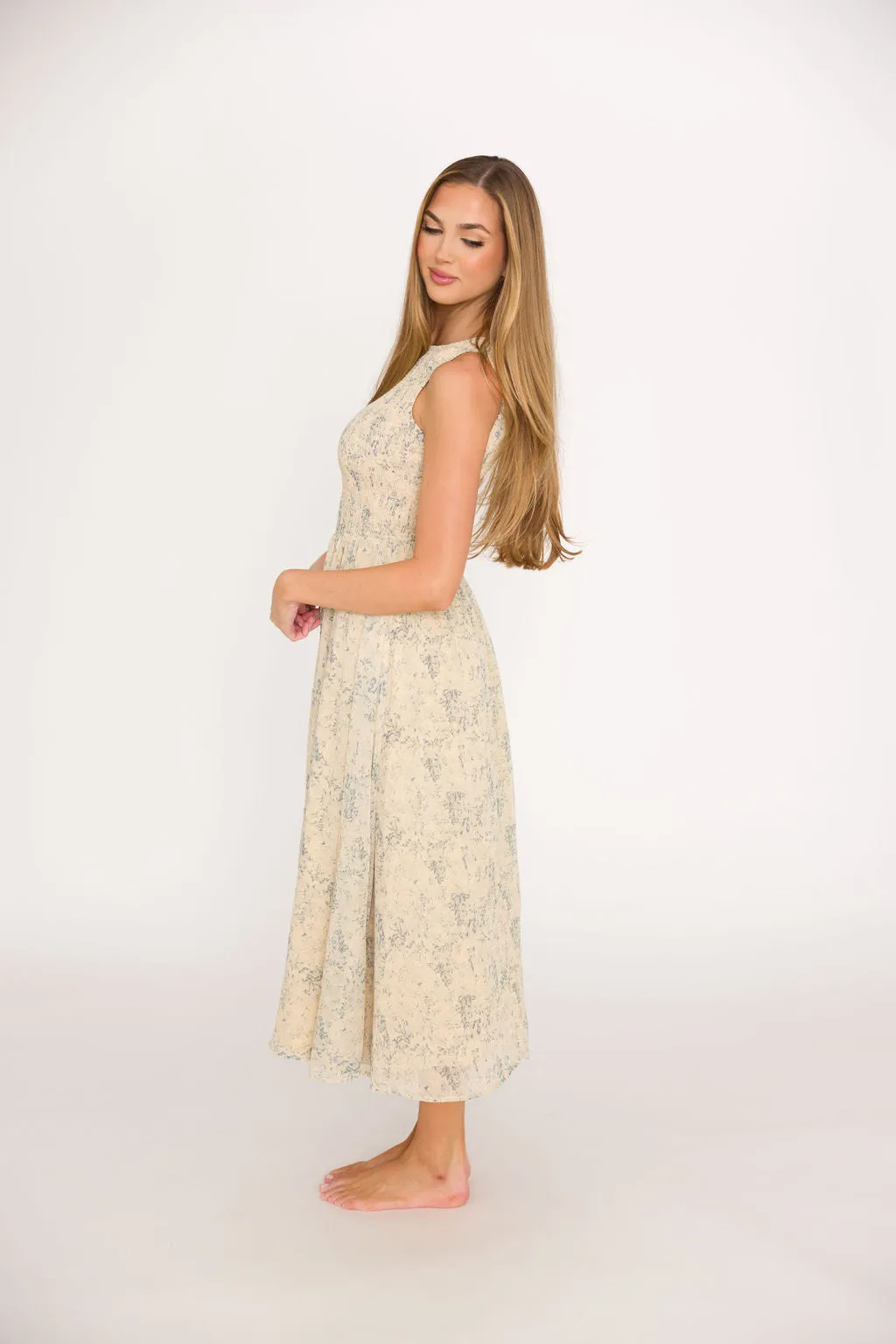 Alaina Floral Print Smocked Midi Dress in Blue Multi