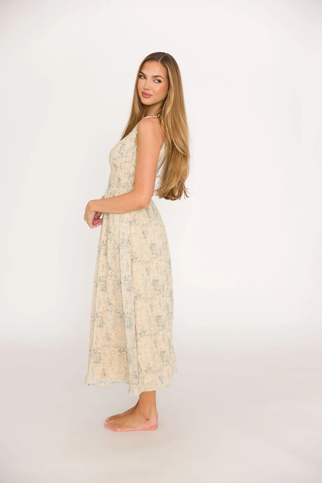 Alaina Floral Print Smocked Midi Dress in Blue Multi