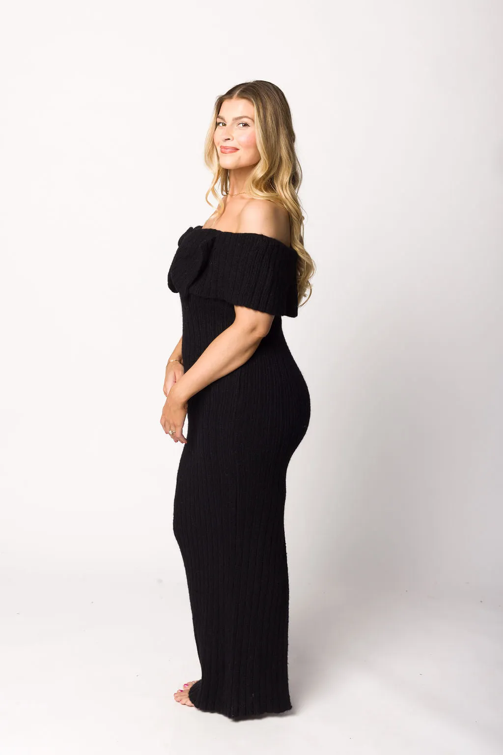 Aston Bow Front Maxi Sweater Dress in Black - Bump Friendly