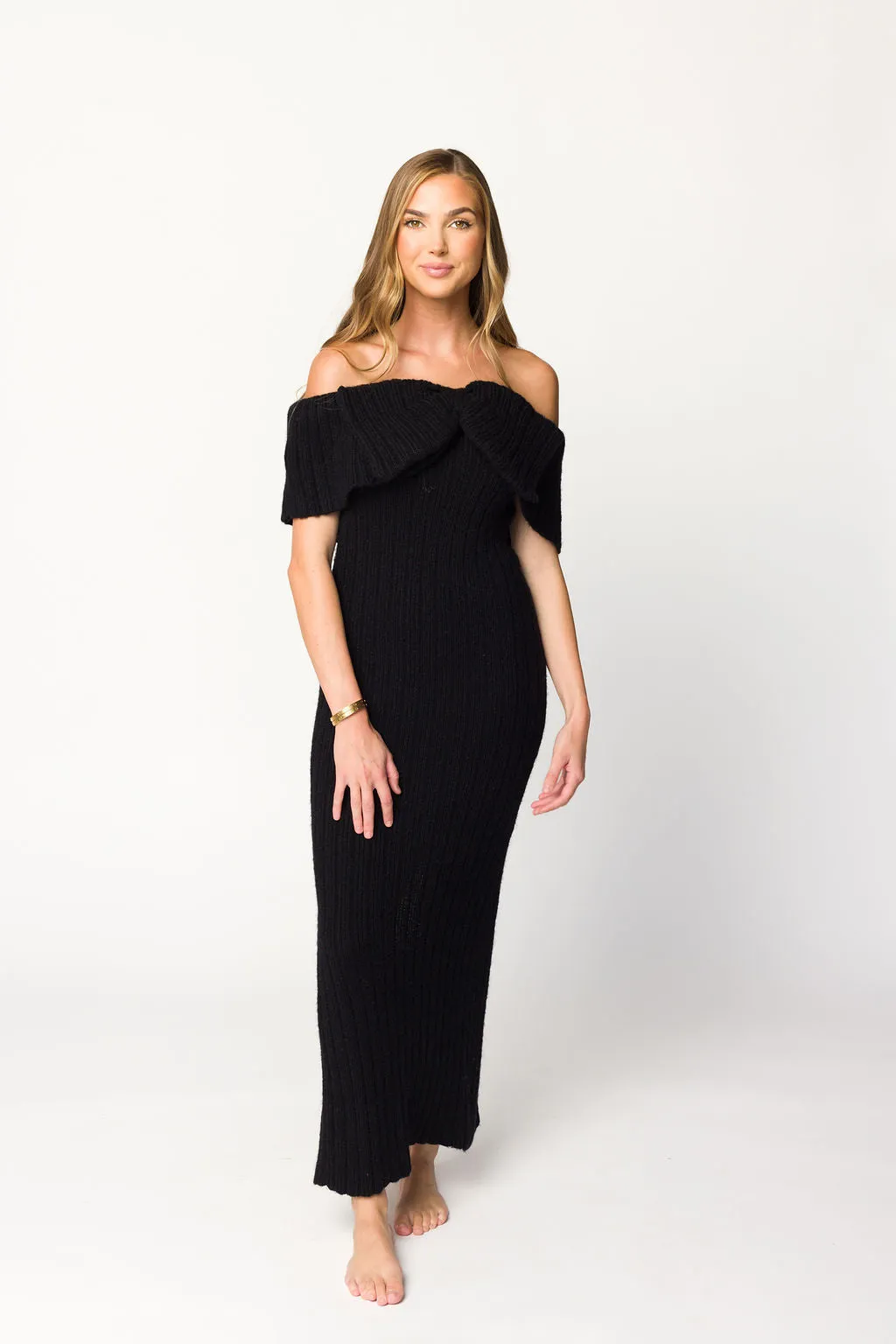 Aston Bow Front Maxi Sweater Dress in Black - Bump Friendly