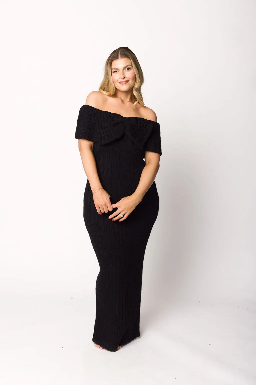 Aston Bow Front Maxi Sweater Dress in Black - Bump Friendly