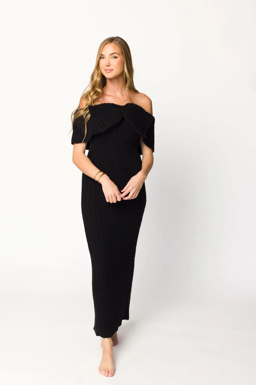Aston Bow Front Maxi Sweater Dress in Black - Bump Friendly