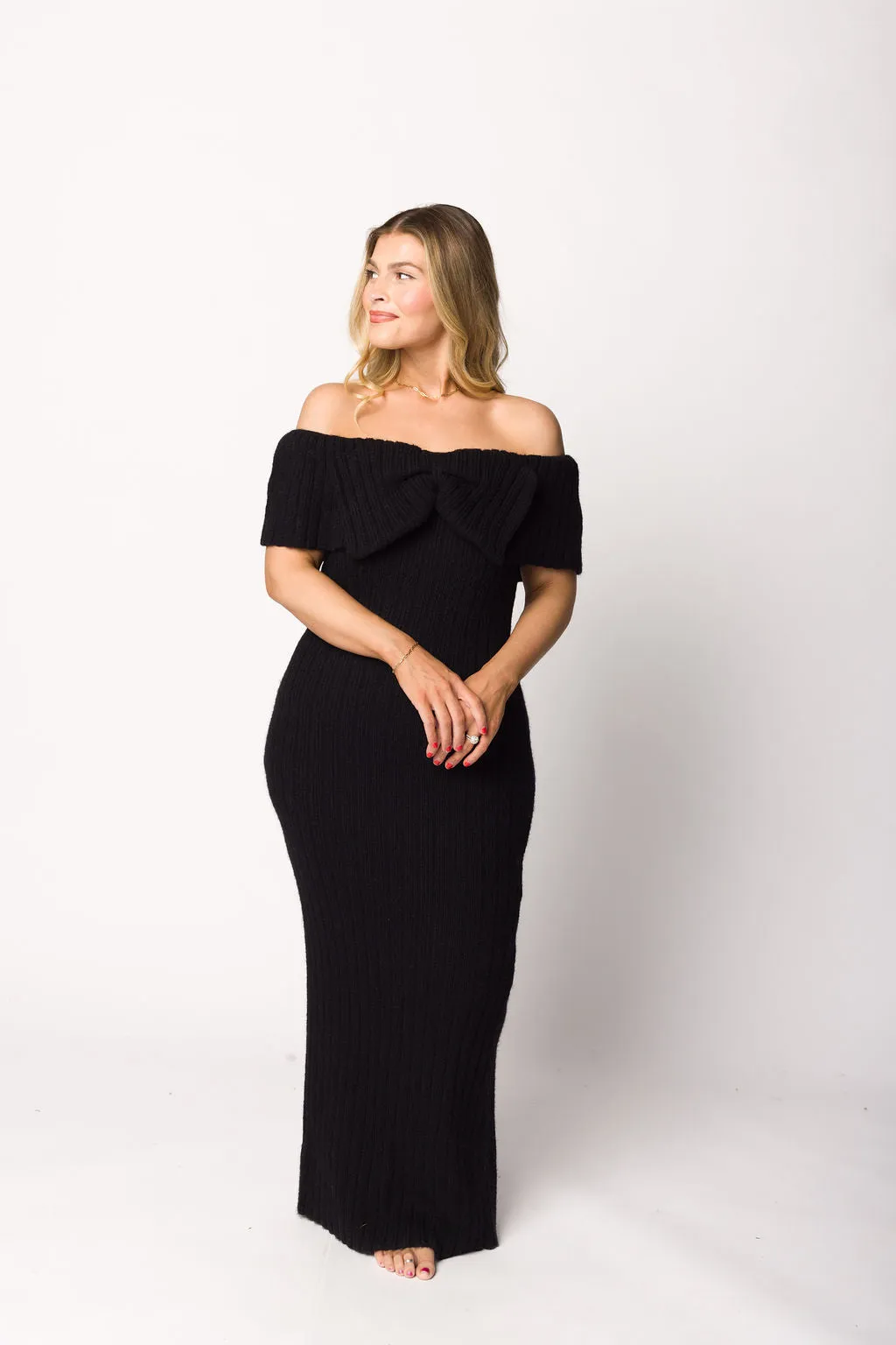 Aston Bow Front Maxi Sweater Dress in Black - Bump Friendly