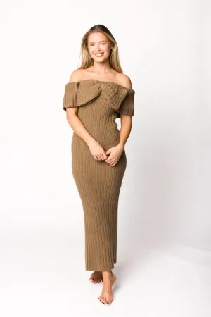 Aston Bow Front Maxi Sweater Dress in Brown - Bump Friendly