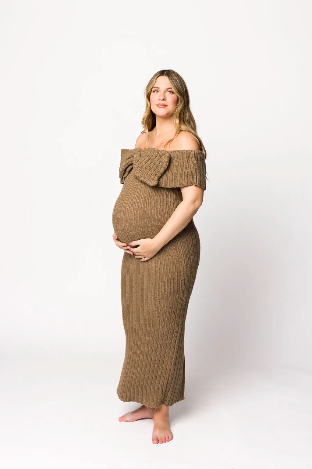 Aston Bow Front Maxi Sweater Dress in Brown - Bump Friendly