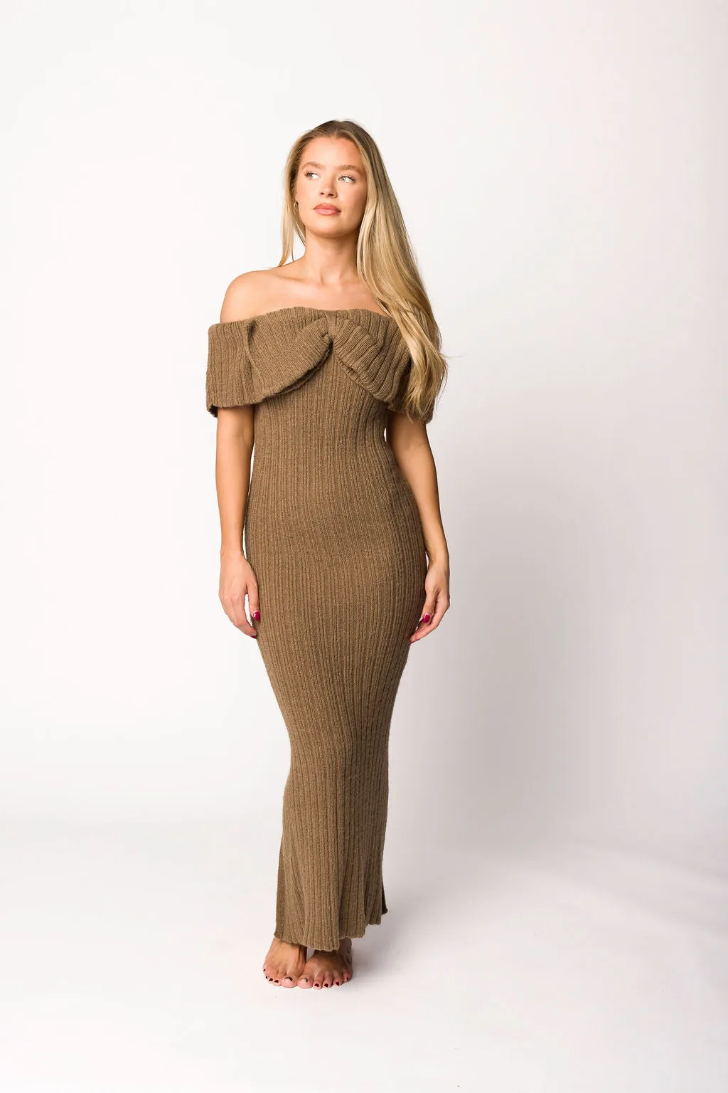 Aston Bow Front Maxi Sweater Dress in Brown - Bump Friendly