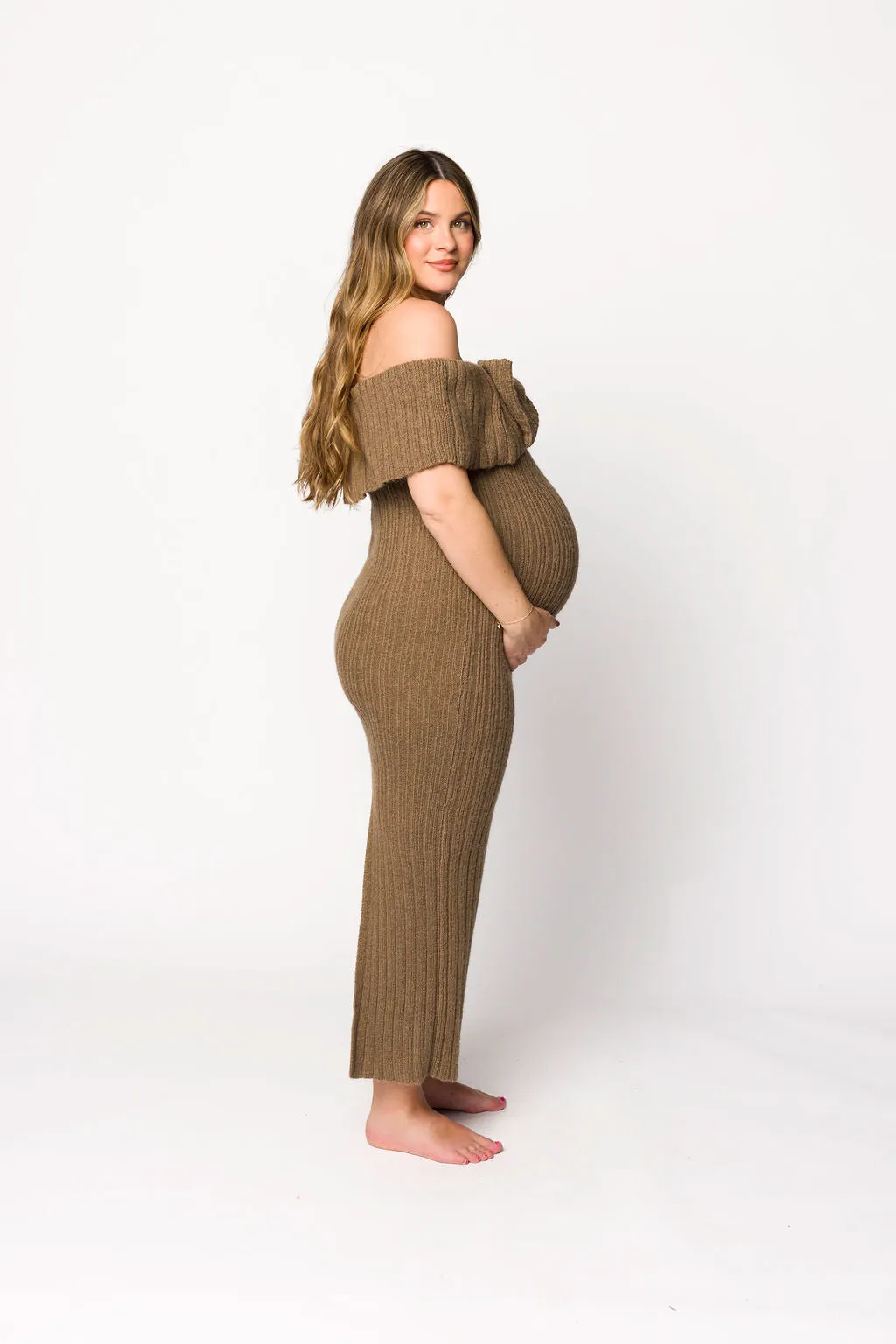 Aston Bow Front Maxi Sweater Dress in Brown - Bump Friendly