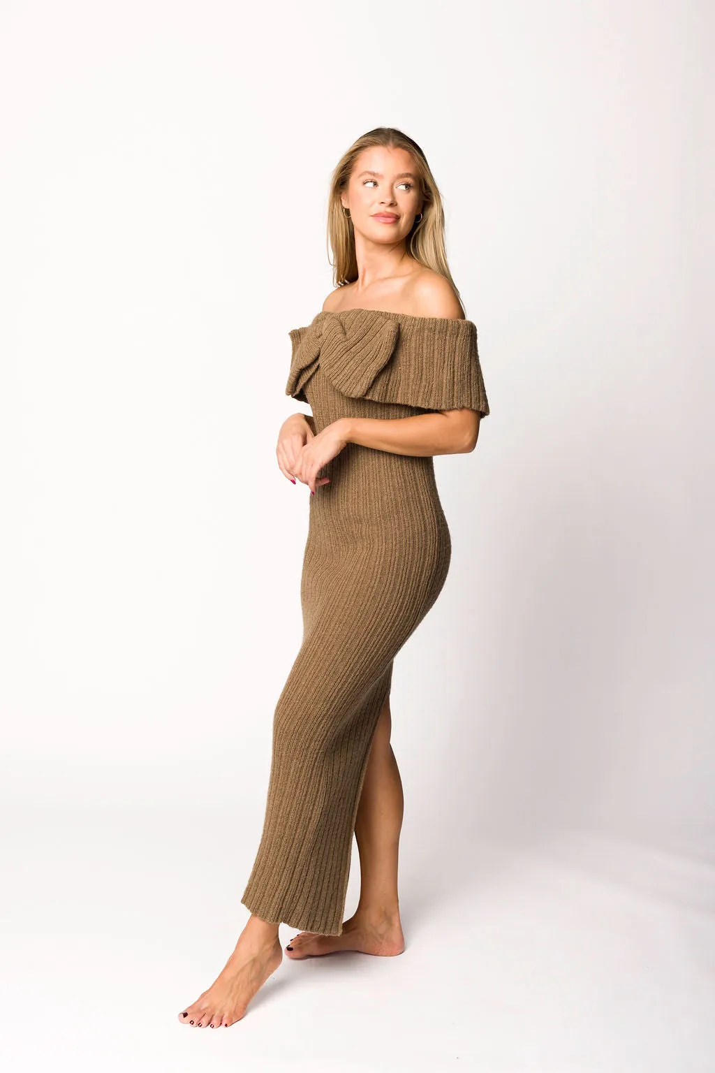 Aston Bow Front Maxi Sweater Dress in Brown - Bump Friendly