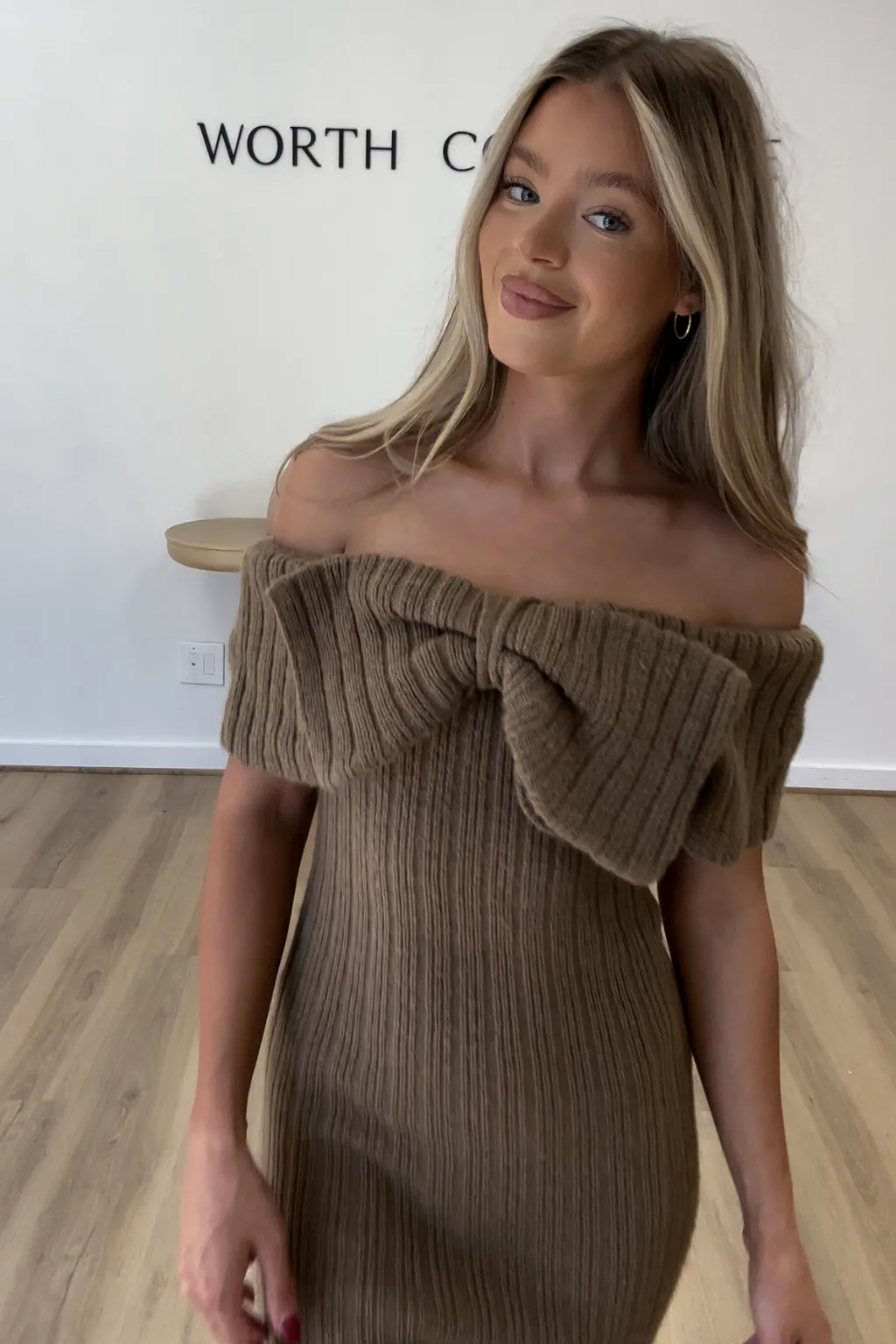 Aston Bow Front Maxi Sweater Dress in Brown - Bump Friendly
