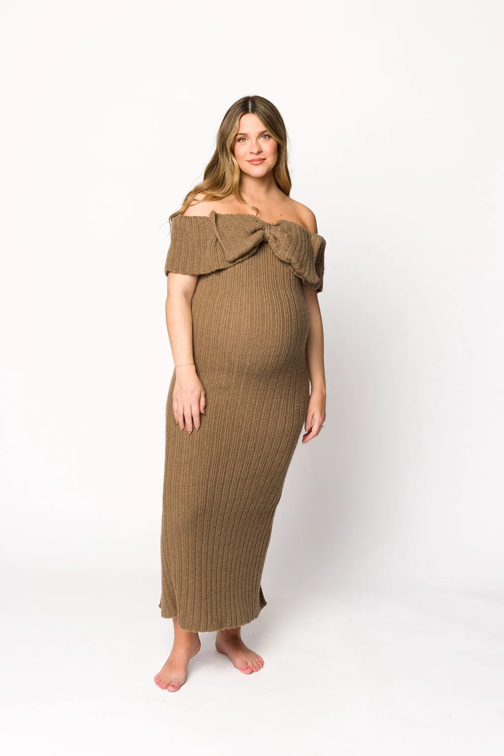 Aston Bow Front Maxi Sweater Dress in Brown - Bump Friendly