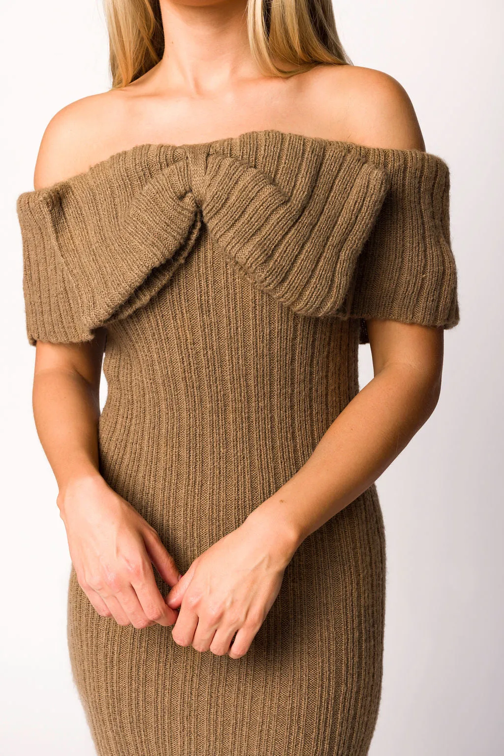Aston Bow Front Maxi Sweater Dress in Brown - Bump Friendly