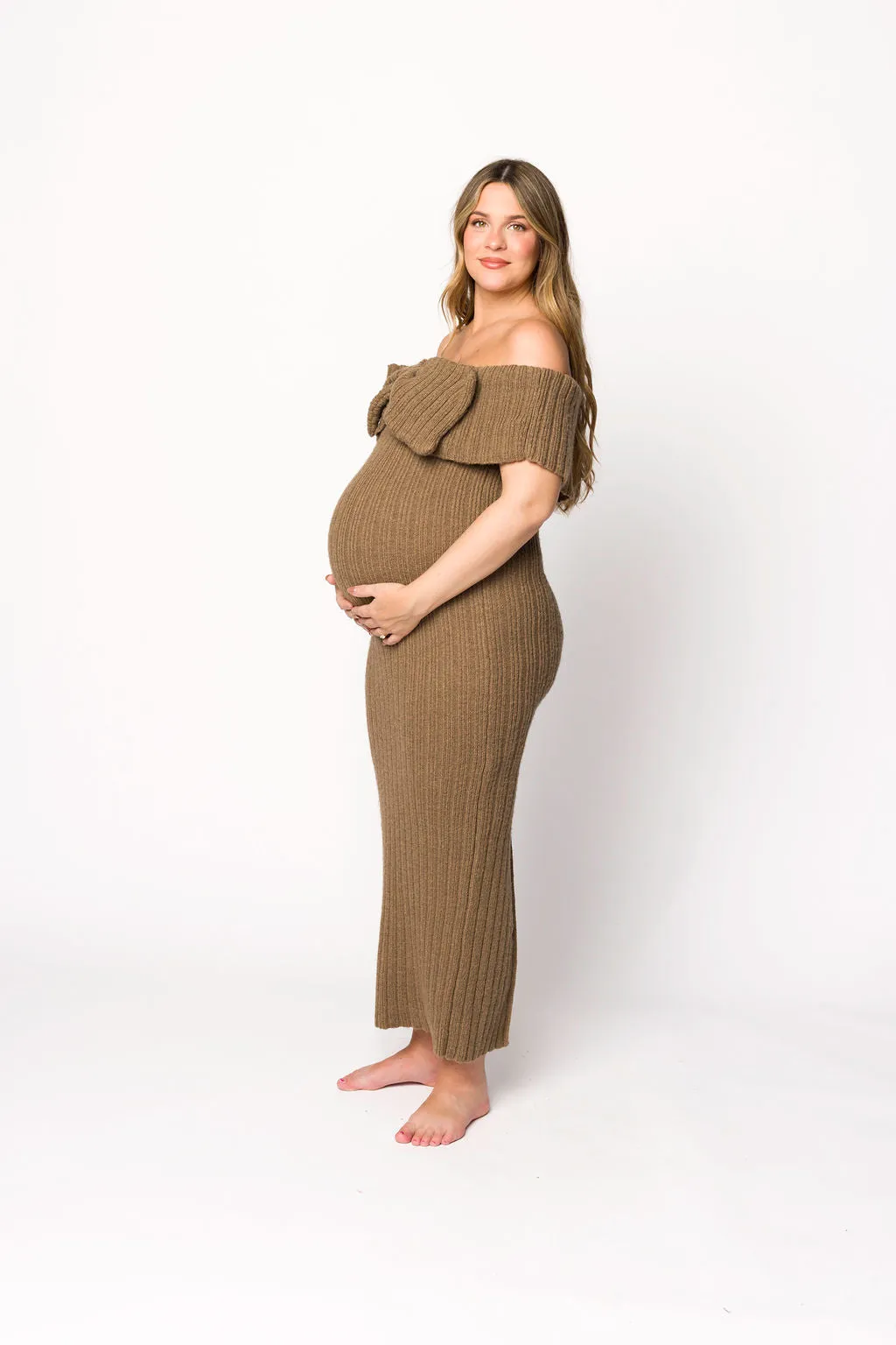 Aston Bow Front Maxi Sweater Dress in Brown - Bump Friendly