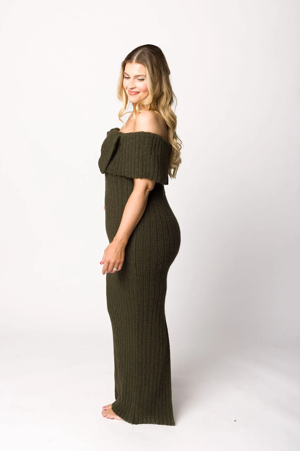 Aston Bow Front Maxi Sweater Dress in Dark Green - Bump Friendly
