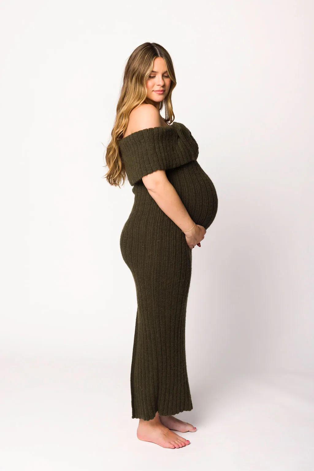 Aston Bow Front Maxi Sweater Dress in Dark Green - Bump Friendly