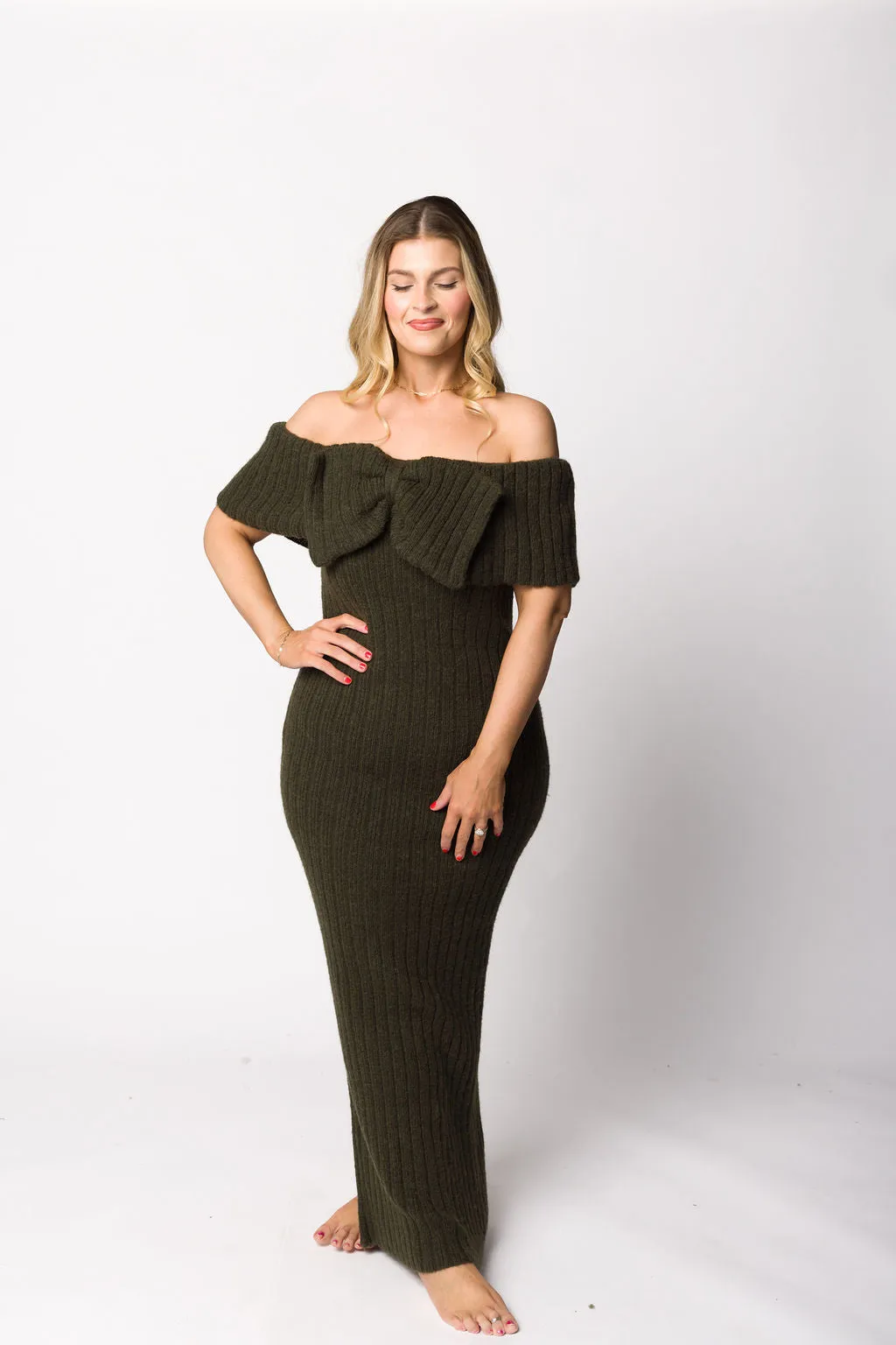 Aston Bow Front Maxi Sweater Dress in Dark Green - Bump Friendly