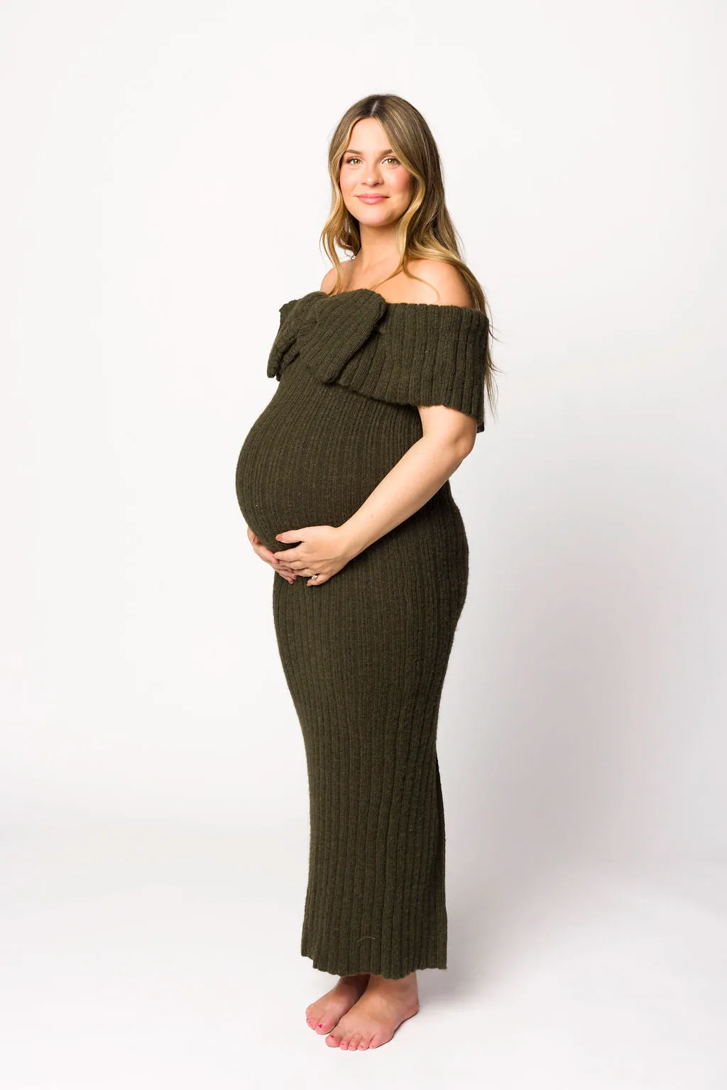 Aston Bow Front Maxi Sweater Dress in Dark Green - Bump Friendly
