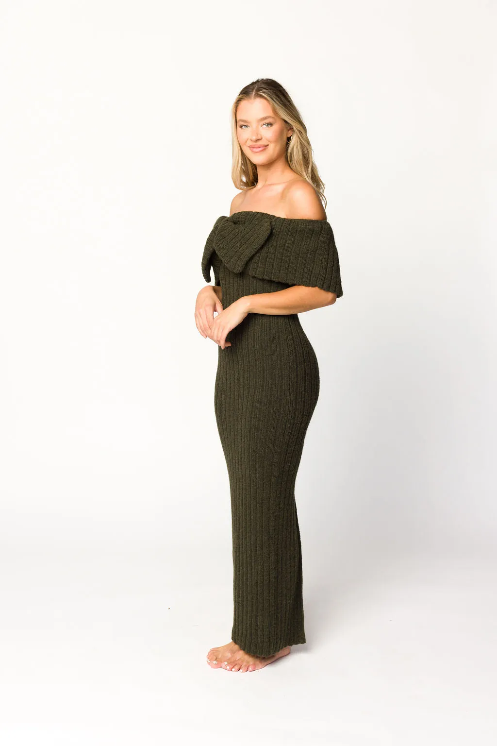 Aston Bow Front Maxi Sweater Dress in Dark Green - Bump Friendly
