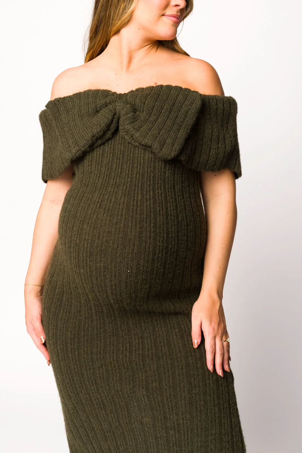 Aston Bow Front Maxi Sweater Dress in Dark Green - Bump Friendly