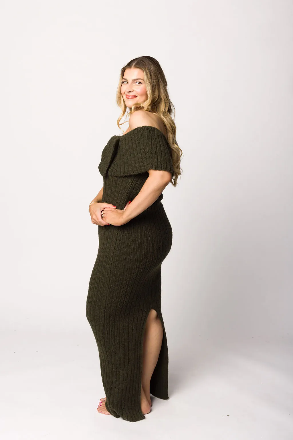 Aston Bow Front Maxi Sweater Dress in Dark Green - Bump Friendly