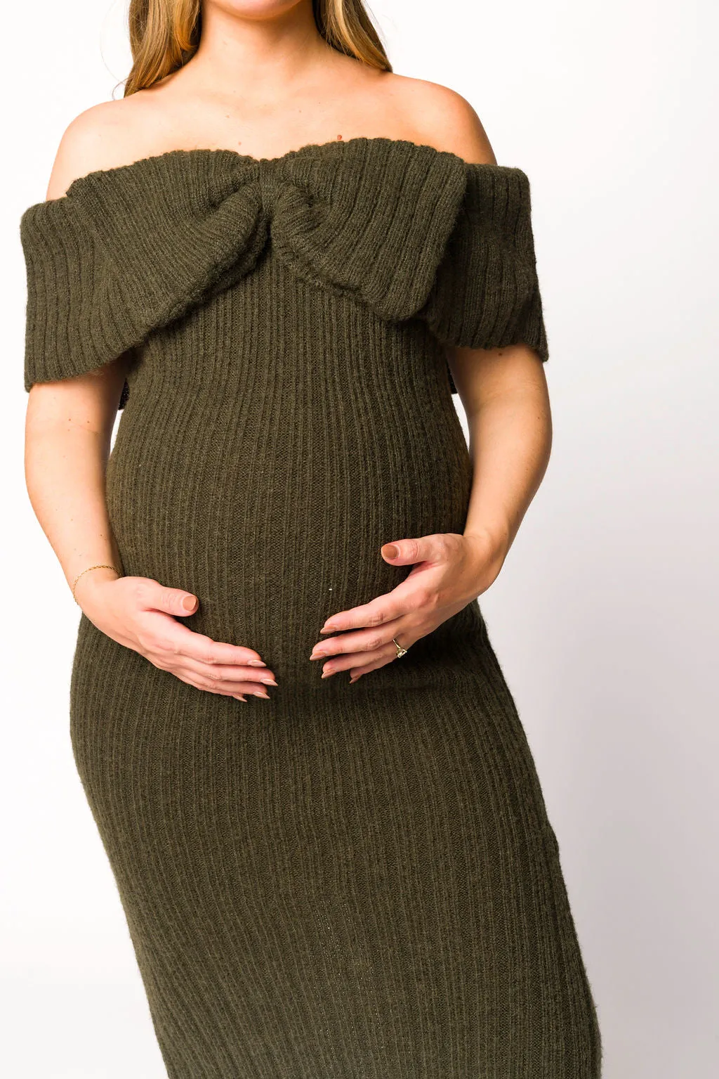 Aston Bow Front Maxi Sweater Dress in Dark Green - Bump Friendly