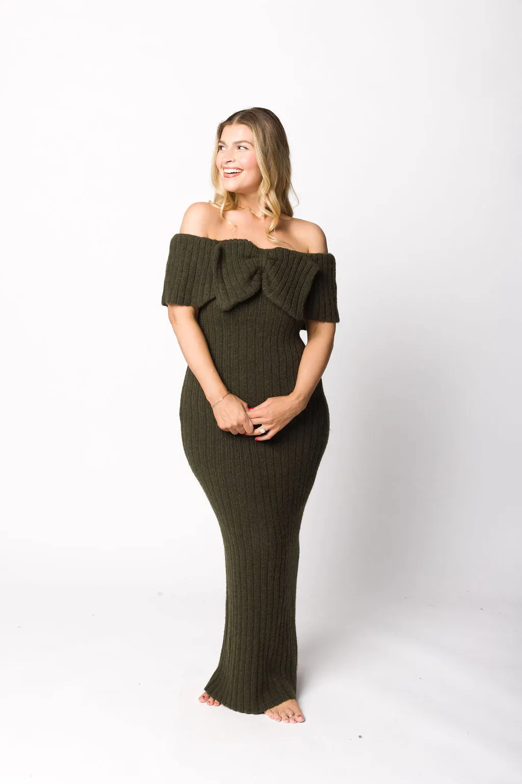 Aston Bow Front Maxi Sweater Dress in Dark Green - Bump Friendly