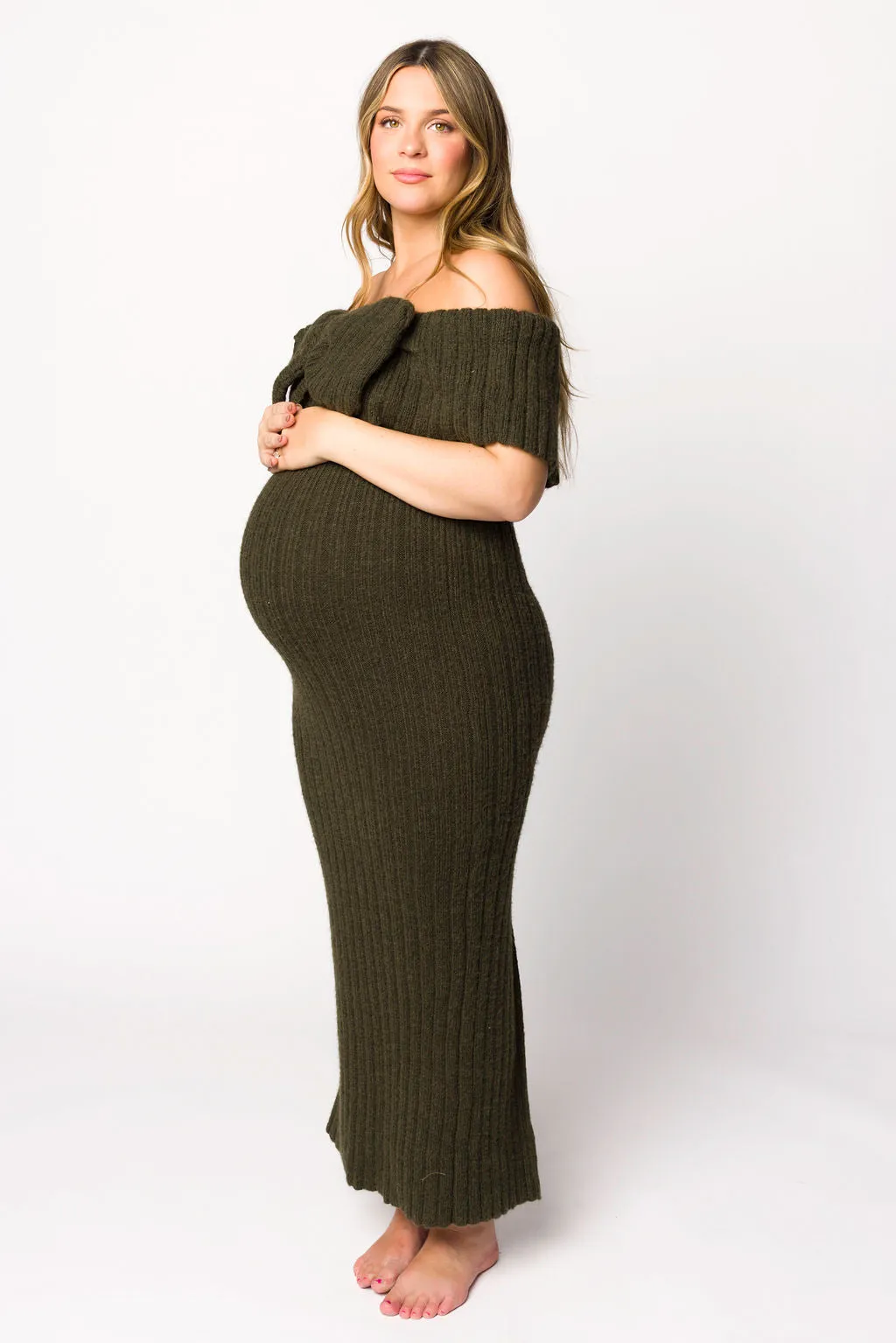 Aston Bow Front Maxi Sweater Dress in Dark Green - Bump Friendly