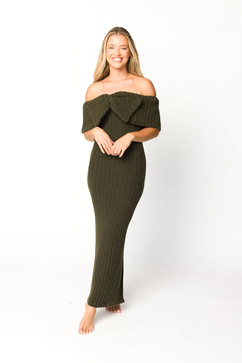 Aston Bow Front Maxi Sweater Dress in Dark Green - Bump Friendly