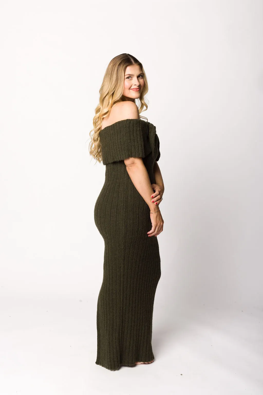 Aston Bow Front Maxi Sweater Dress in Dark Green - Bump Friendly
