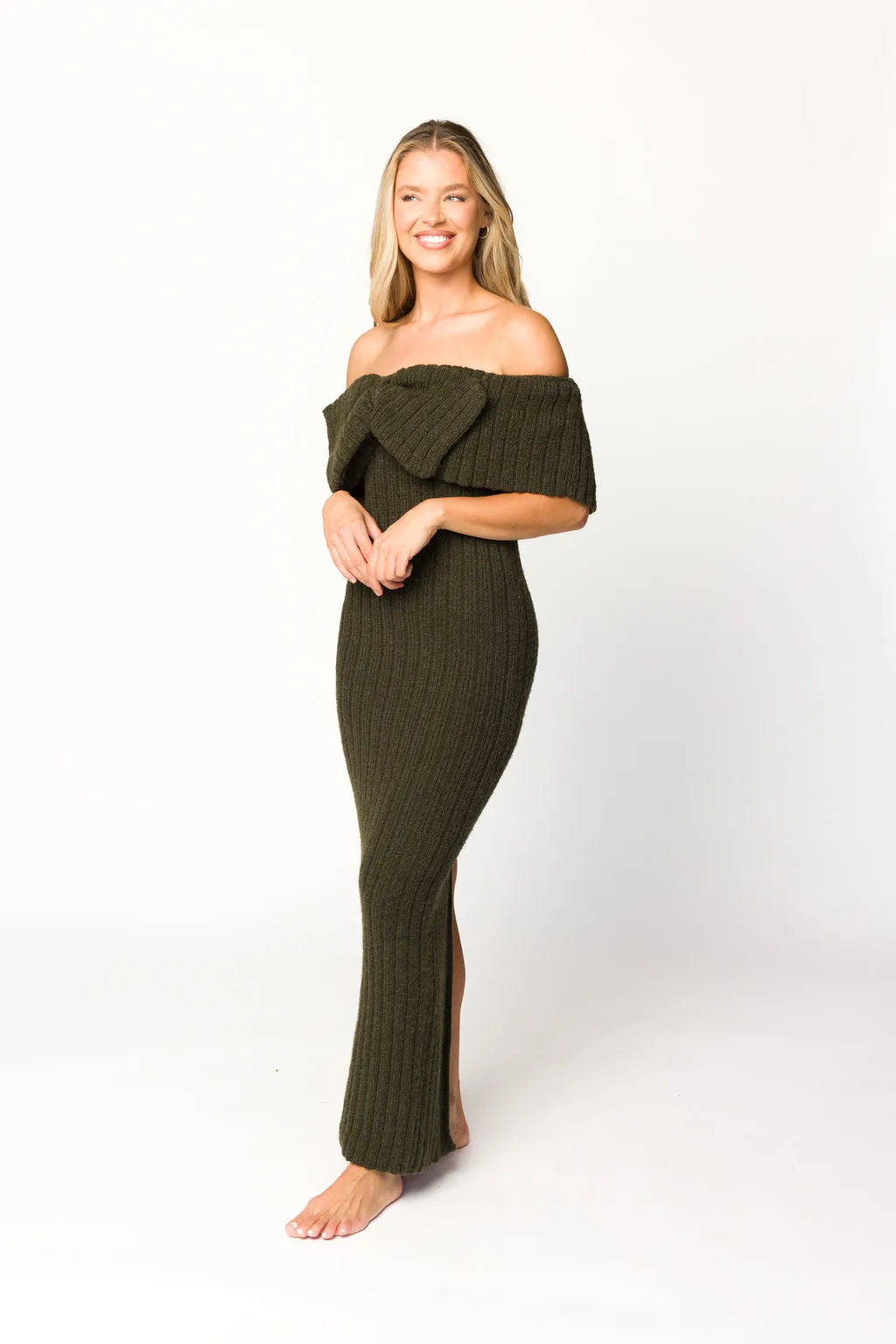 Aston Bow Front Maxi Sweater Dress in Dark Green - Bump Friendly