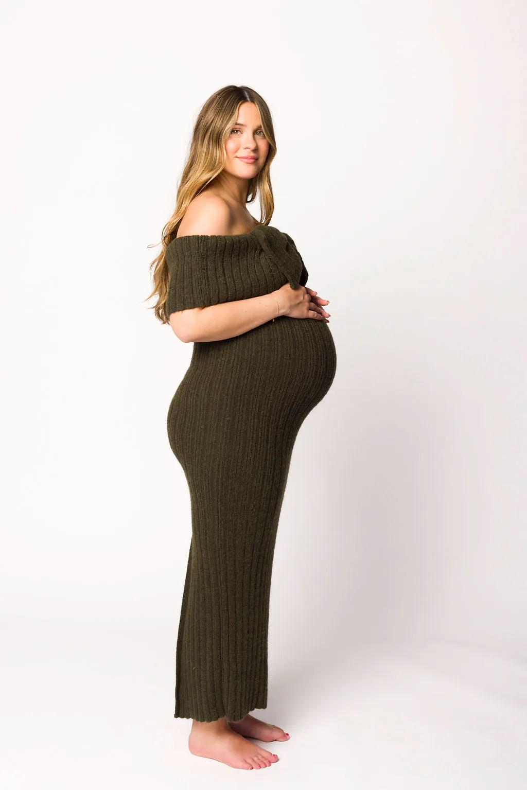 Aston Bow Front Maxi Sweater Dress in Dark Green - Bump Friendly