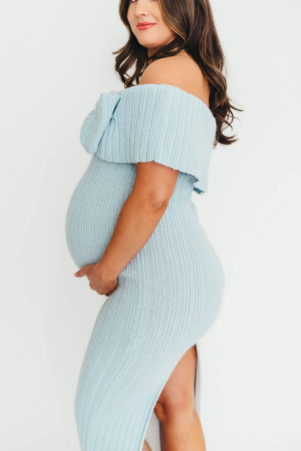Aston Bow Front Maxi Sweater Dress in Ice Metal – Bump Friendly & Inclusive Sizing (S-3XL)