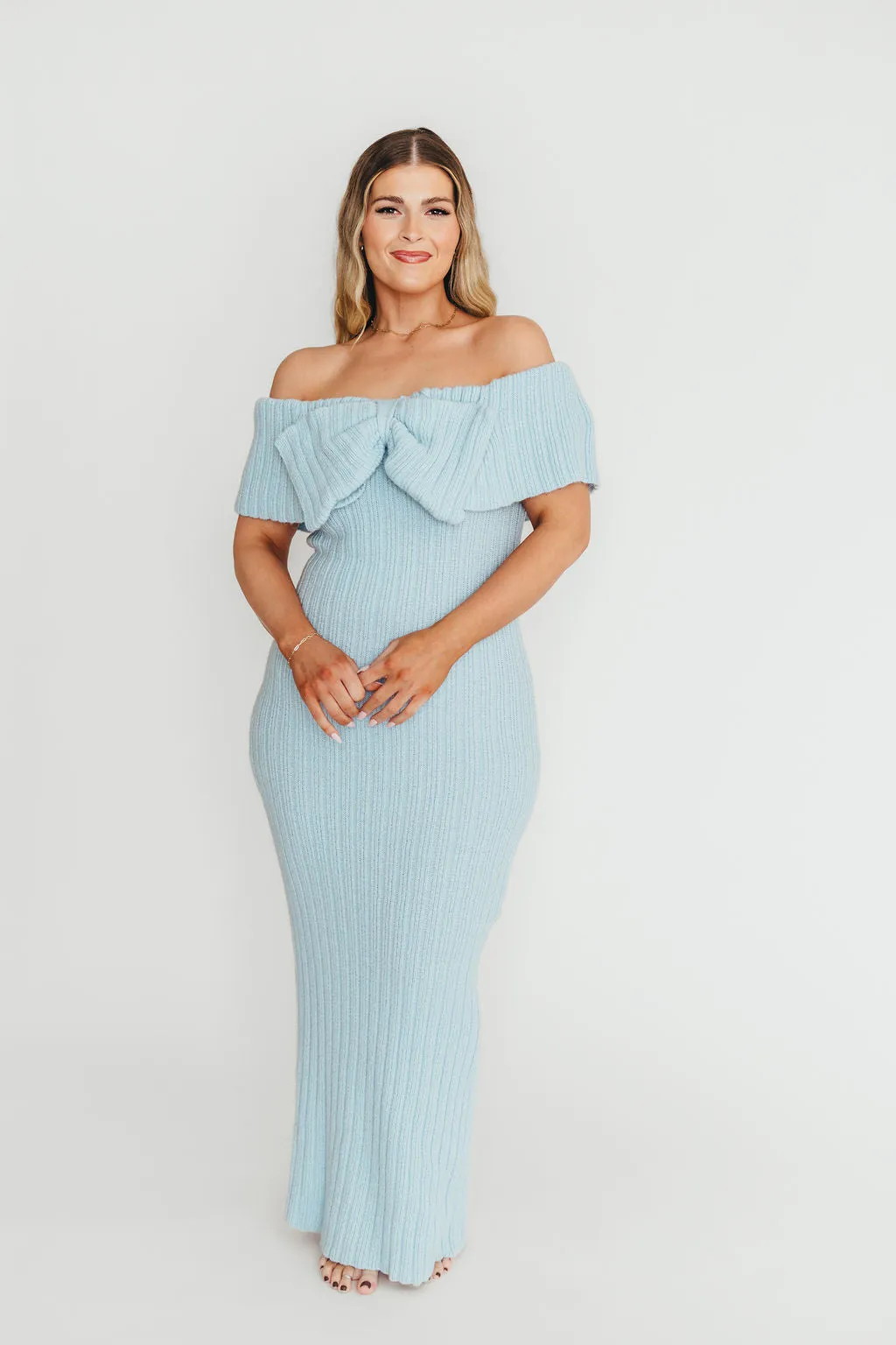 Aston Bow Front Maxi Sweater Dress in Ice Metal – Bump Friendly & Inclusive Sizing (S-3XL)