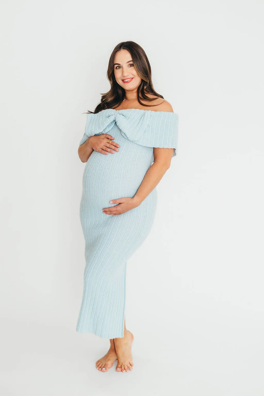 Aston Bow Front Maxi Sweater Dress in Ice Metal – Bump Friendly & Inclusive Sizing (S-3XL)