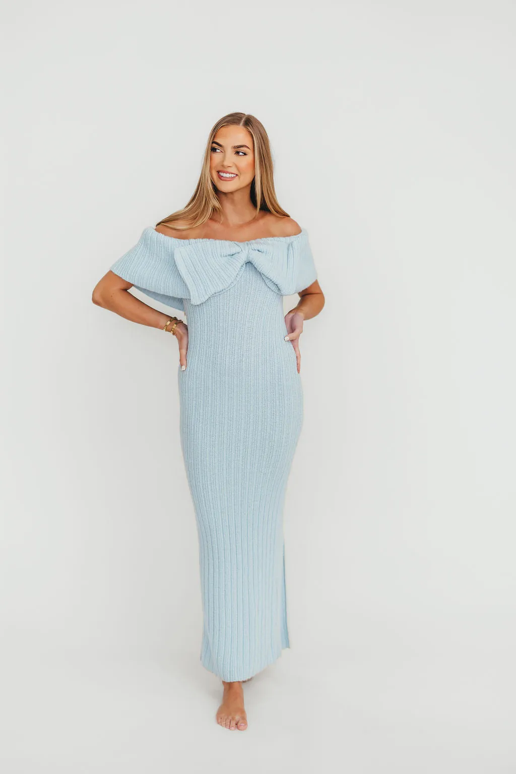Aston Bow Front Maxi Sweater Dress in Ice Metal – Bump Friendly & Inclusive Sizing (S-3XL)