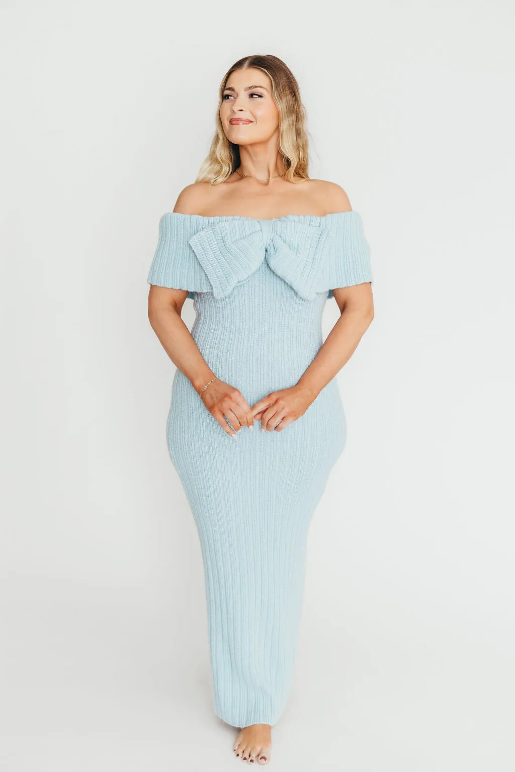 Aston Bow Front Maxi Sweater Dress in Ice Metal – Bump Friendly & Inclusive Sizing (S-3XL)