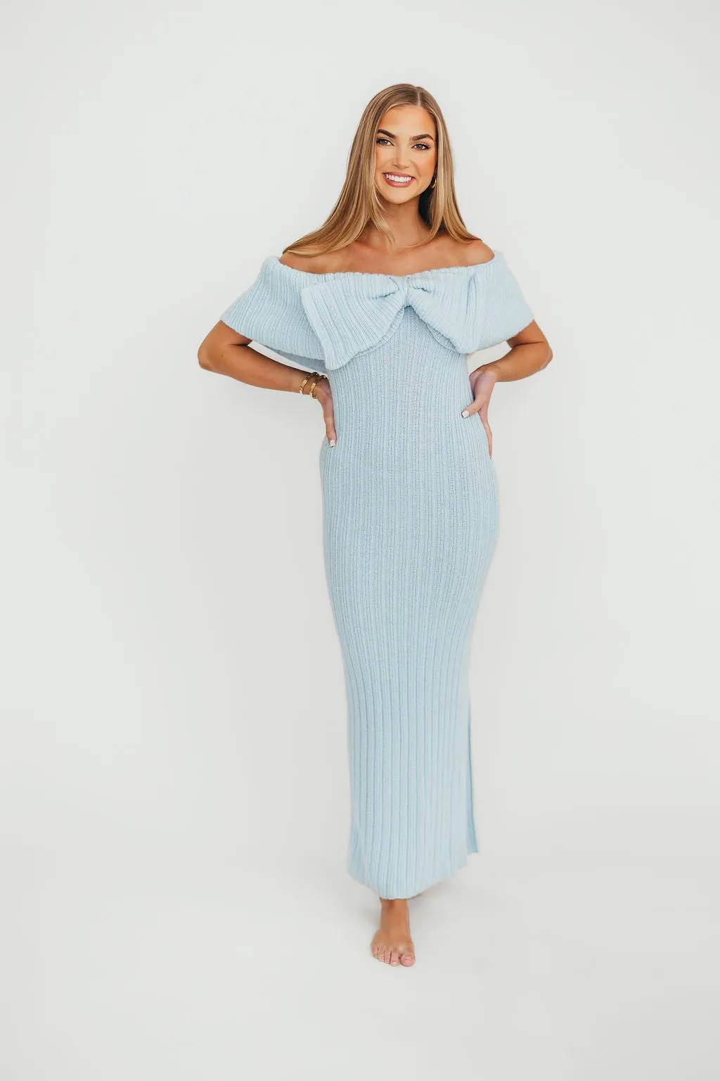 Aston Bow Front Maxi Sweater Dress in Ice Metal – Bump Friendly & Inclusive Sizing (S-3XL)
